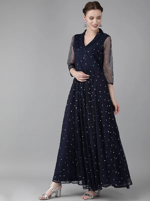 Women's Navy Blue Net & Crepe Silver Toned Polka Dots Printed Maxi Dress- Ahalyaa Elegant Maxi Dress with Drapes