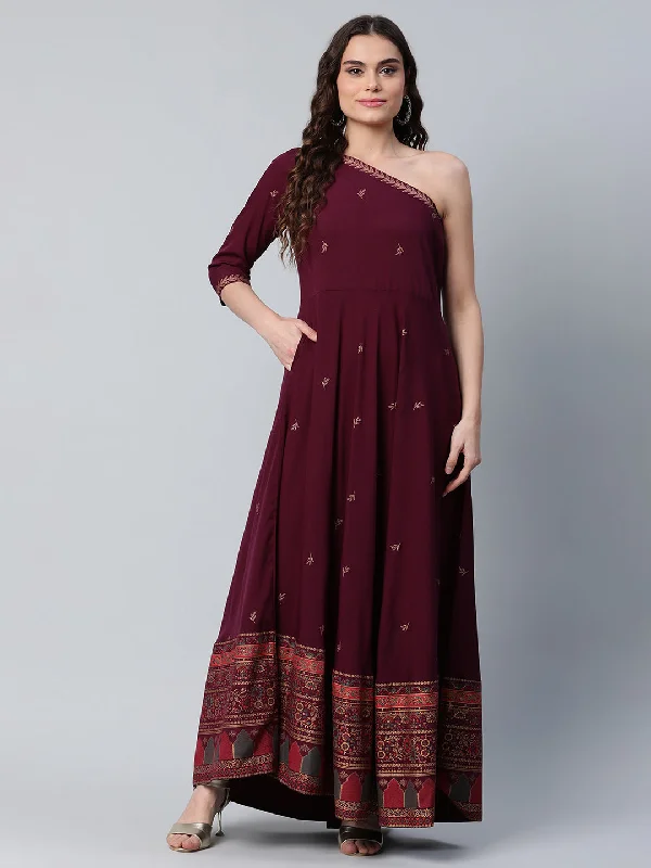 Women's Burgundy & Gold-Toned Ethnic Motifs One Shoulder Ethnic Maxi Dress - Ahalyaa Elegant Maxi Dress with Pockets