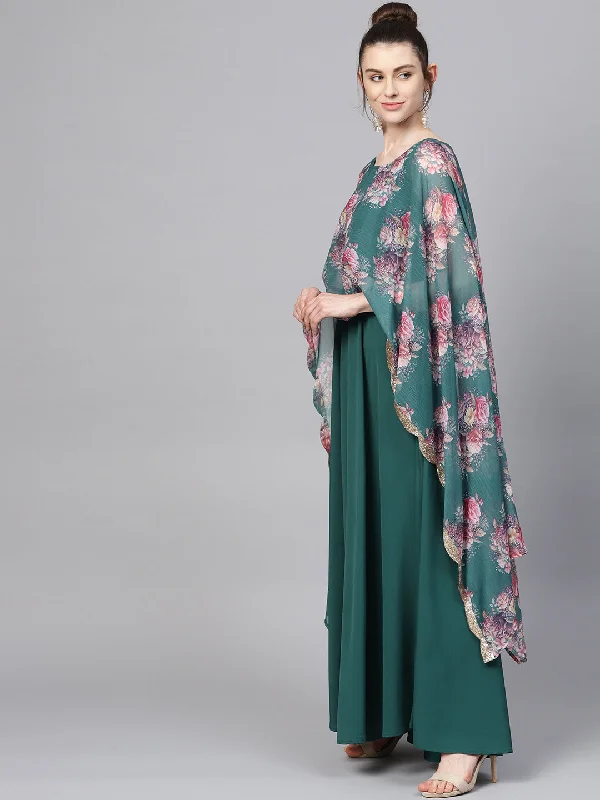 Women's Crepe Green Digital Printed Maxi Dress- Ahalyaa Cozy Knit Maxi Dress