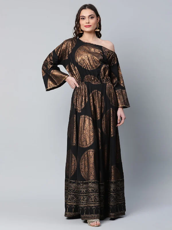 Women's Black Crepe Copper Foil Printed Maxi Dress - Ahalyaa Trendy V-Neck Maxi Dress