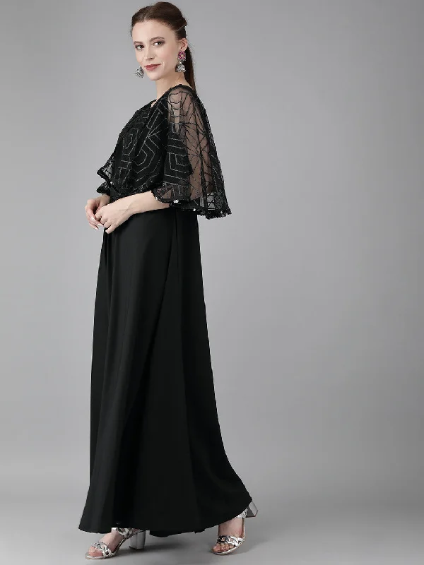 Women's Black Crepe Maxi Dress- Ahalyaa Fashionable Chiffon Maxi Dress