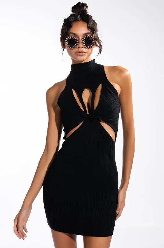 ALL THE CUTOUTS RIBBED MINI DRESS Fashionable Mini Dress with Pockets