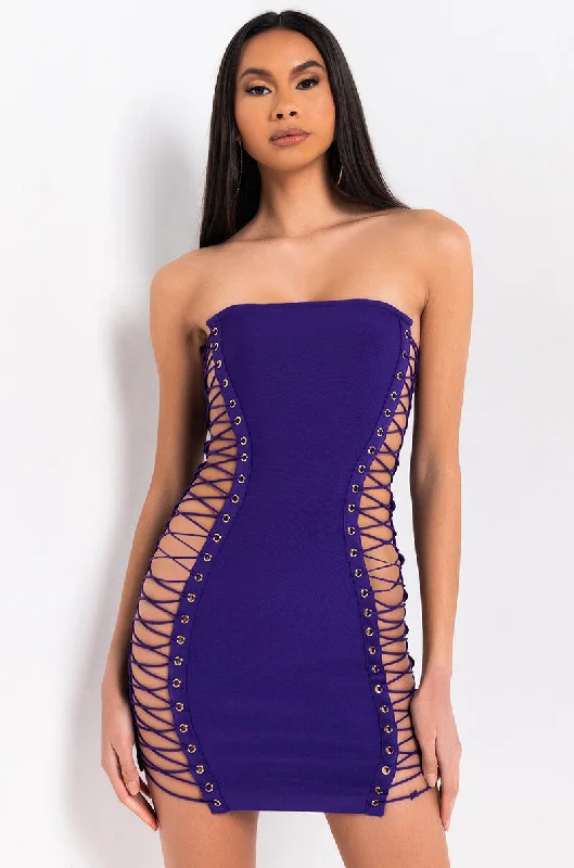 ALL THE RIGHT PLACES BANDAGE MINI DRESS BLACK PURPLE Comfortable Polka Dot Mini Dress