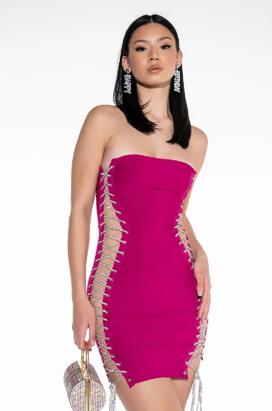 ALL THE RIGHT PLACES BANDAGE MINI DRESS DARK PINK Elegant Lace-Up Mini Dress