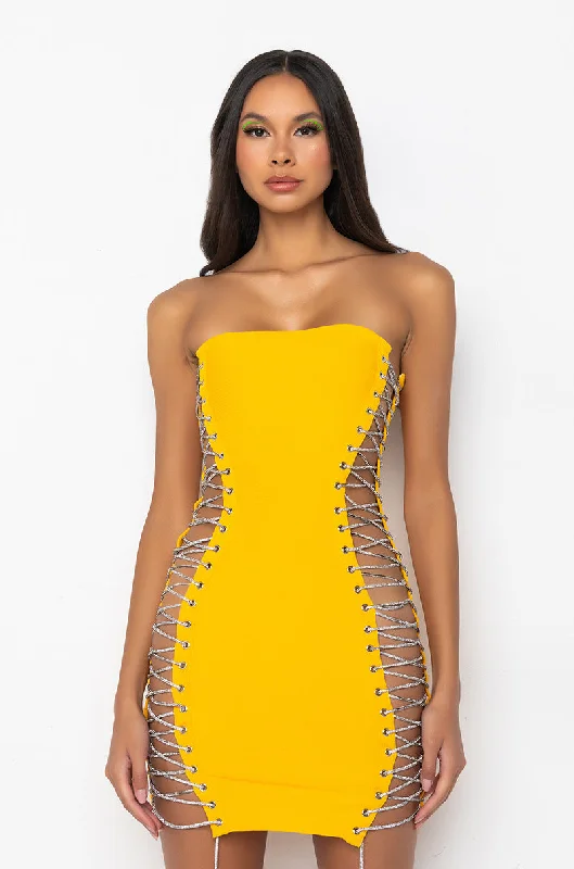 ALL THE RIGHT PLACES BANDAGE MINI DRESS YELLOW Comfortable Ruffle Mini Dress