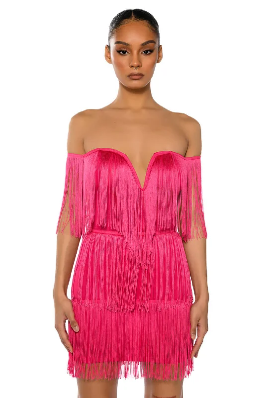 ALWAYS INVOLVED FRINGE MINI DRESS Casual Button-Up Mini Dress