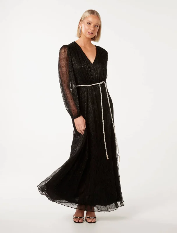 Amina Diamante Belt Plisse Maxi Dress Comfortable Long-Sleeve Maxi Dress