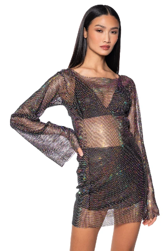 ANAIS RHINESTONE MESH LONG SLEEVE MINI DRESS IN BLACK Stylish Floral Print Mini Dress