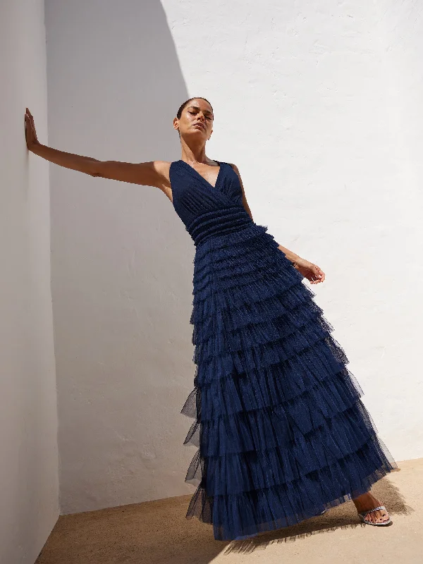 Anoushka Navy Tulle Tiered Maxi Dress Cozy Knit Maxi Dress