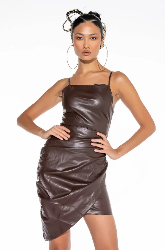 ANTHEM FAUX LEATHER MINI DRESS CHOCOLATE Cozy T-Shirt Mini Dress