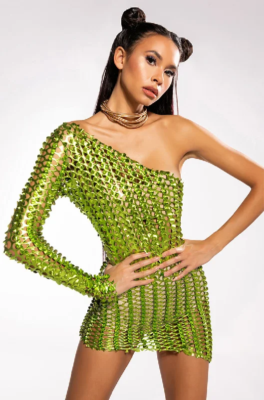 ARIEL ONE SLEEVE TEXTURED MINI DRESS Trendy Mesh Mini Dress