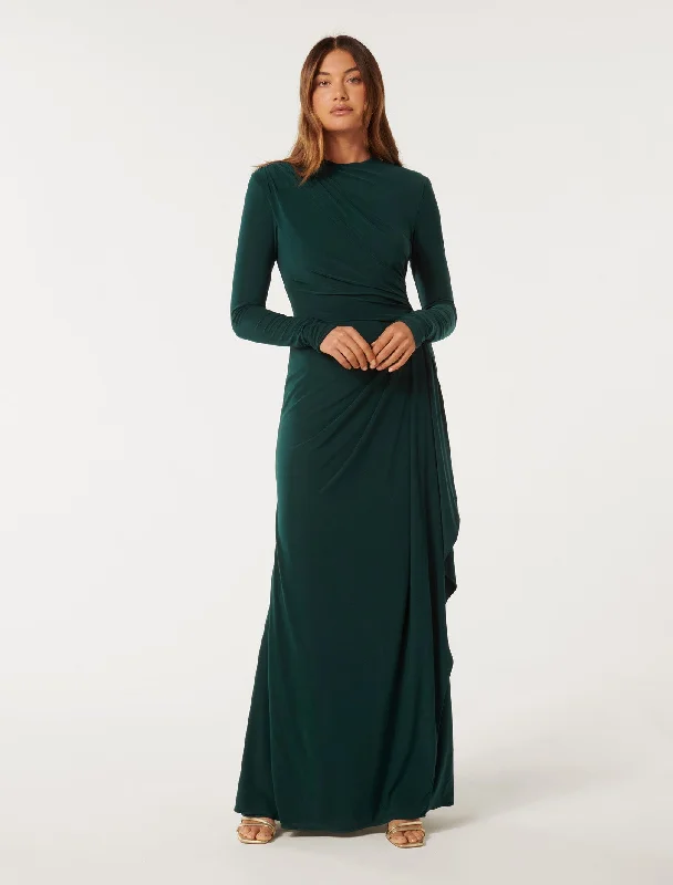 Audrey Long Sleeve Maxi Dress Fashionable Asymmetrical Maxi Dress