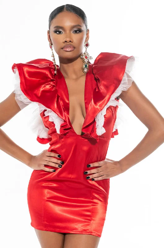 BACKOFF POWER SHOULDER SATIN MINI DRESS RED Stylish Floral Print Mini Dress