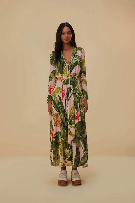 Pink Banana Leaves Maxi Dress Stylish One-Shoulder Maxi Dress