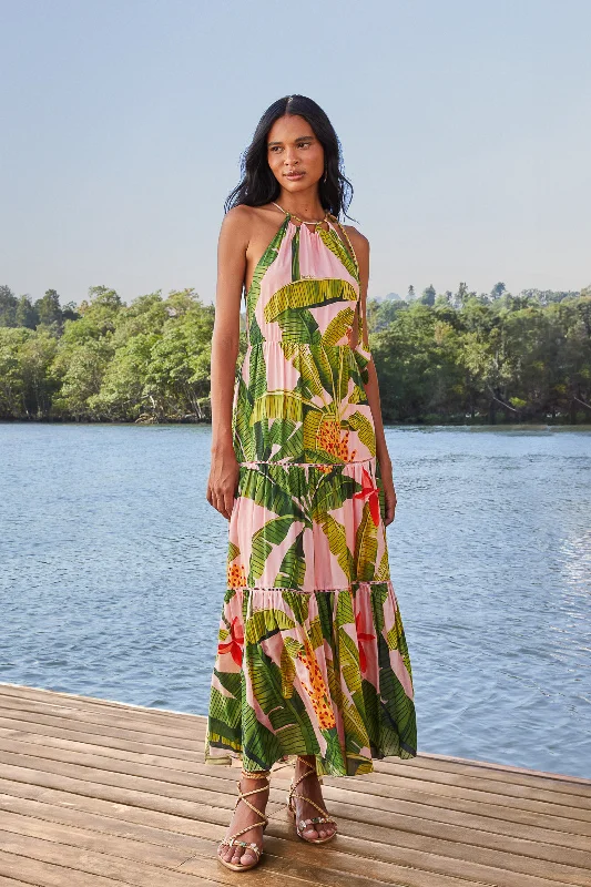 Pink Banana Leaves Sleeveless Maxi Dress Trendy Floral Print Maxi Dress