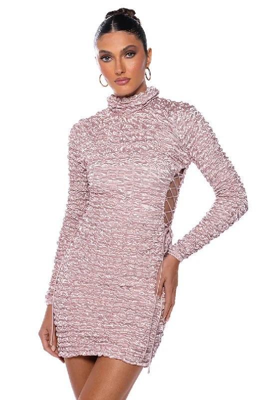 BEAUTIFUL SOUL BUBBLE STRETCH LONG SLEEVE MINI DRESS Fashionable Mini Dress with Frills