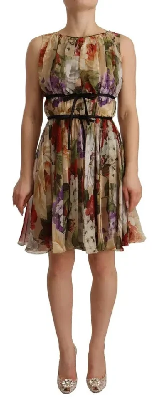 Beige Floral Sleeveless Round Neck Mini Dress Classic Solid Mini Dress