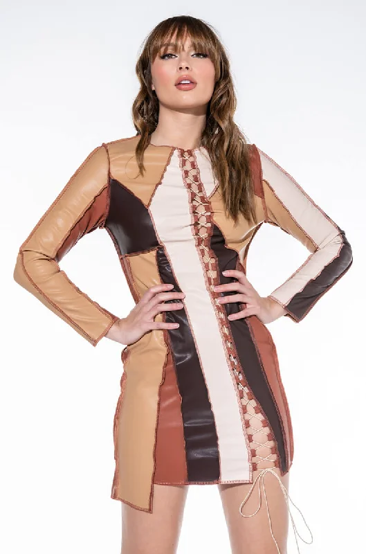 BETTER FOR IT FAUX LEATHER PATCHWORK MINI DRESS Elegant Floral-Print Mini Dress