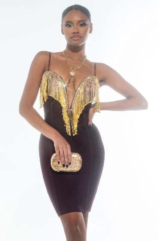 BIRTHDAY BISH BANDAGE FRINGE FRONT MINI DRESS Comfortable Fit-and-Flare Mini Dress
