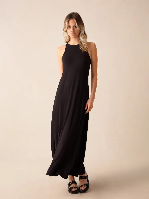 Black Jersey Racer Maxi Dress Comfortable Fitted Maxi Dress