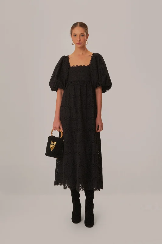 Black Pineapple Eyelet Maxi Dress Cozy Spaghetti Strap Maxi Dress