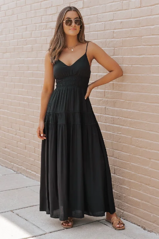 Black Shirred Waist Tiered Maxi Dress - FINAL SALE Fashionable Chiffon Maxi Dress