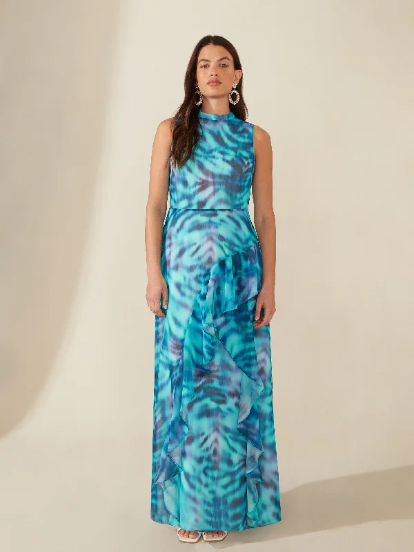 Blue High Neck Maxi Dress Comfortable Bohemian Maxi Dress