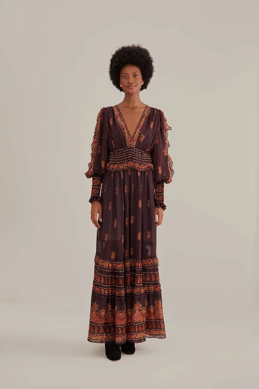 Brown Paisley Bloom Long Sleeve Maxi Dress Cozy Wrap Maxi Dress