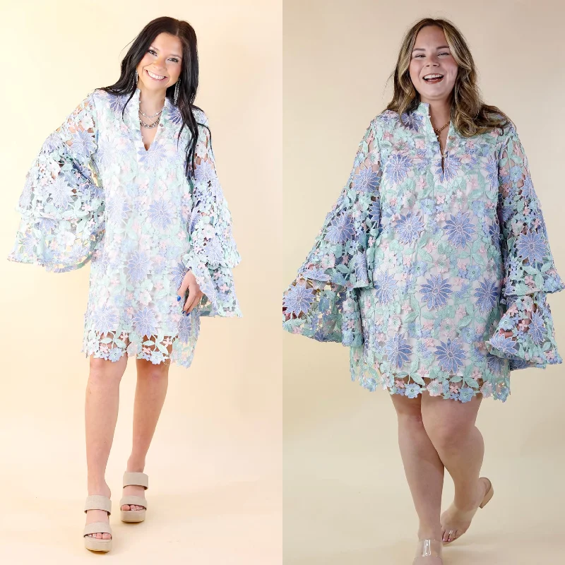 BuddyLove | Gayle Long Sleeve Mini Dress in Bellflower (Blue, Mint Green and Pink) Comfortable Fit-and-Flare Mini Dress