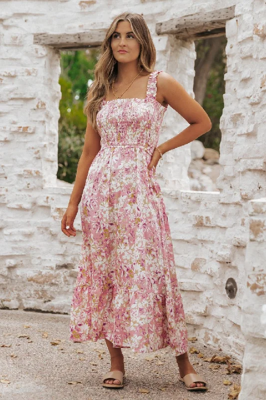 Caribbean Pink Floral Smocked Maxi Dress - FINAL SALE Stylish Boho Maxi Dress