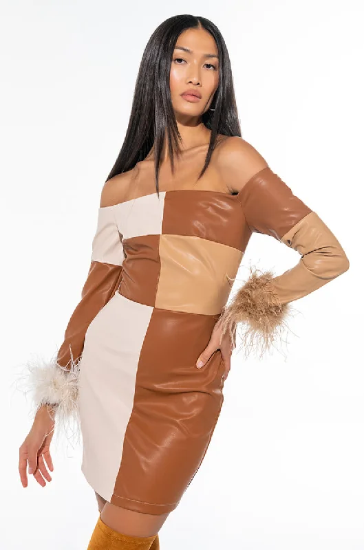 CHECK HER OUT REAL FEATHER PU MINI DRESS Comfortable Boho Mini Dress