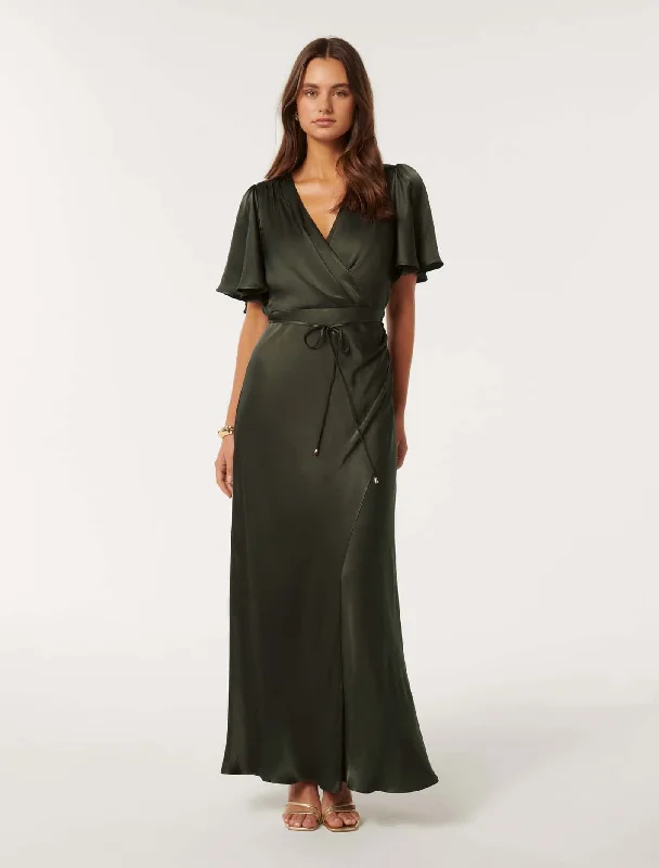 Chelsea Flutter Sleeve Satin Maxi Dress Elegant Maxi Dress with Slit