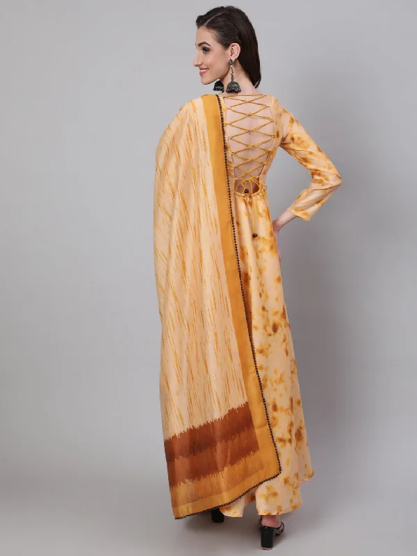 Women's Cream Tie & Dye backless Maxi Dress With Dupatta - Aks Classic Strapless Maxi Dress