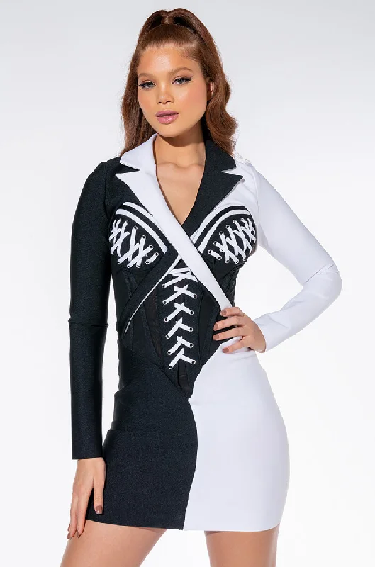 CRUELLA WHO BANDAGE MINI DRESS Fashionable Lace-Trim Mini Dress