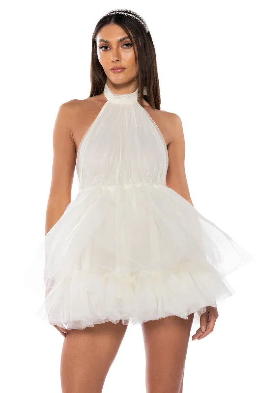 DARLING DIVA TULLE HALTER MINI DRESS Fashionable Off-Shoulder Mini Dress