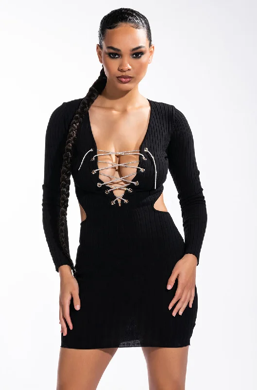 DOING MY THANG RHINESTONE LACE UP FRONT MINI DRESS Casual Mini Dress with Pockets