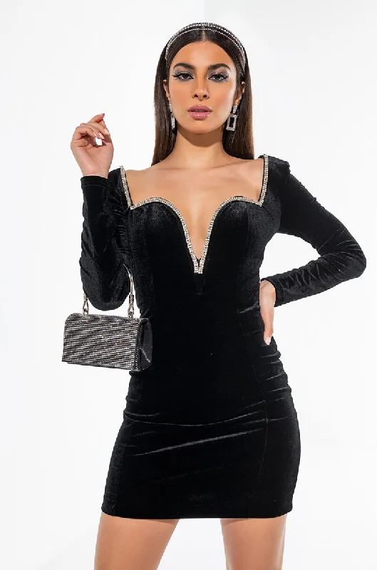 DRIPPIN CLASS VELVET TRIM MINI DRESS BLACK Trendy Cut-Out Mini Dress