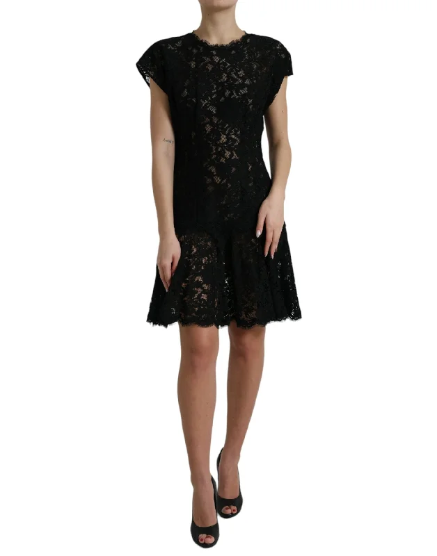 Elegant Black Floral Lace A-Line Mini Dress Fashionable Mini Dress with Slits