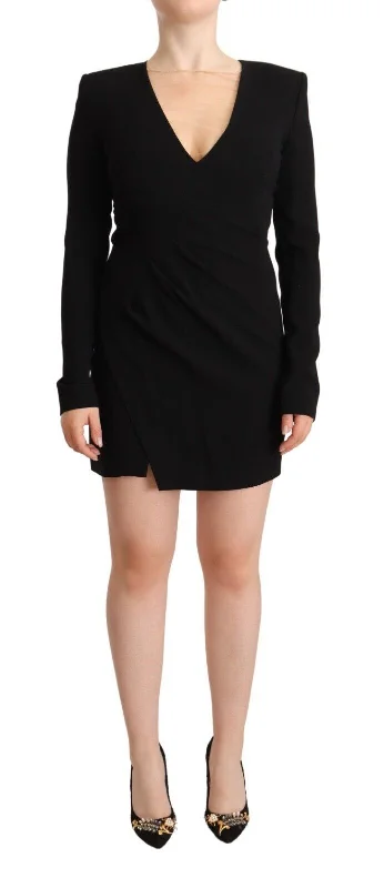 Elegant Black V-Neck Mini Dress Stylish Ribbed Mini Dress