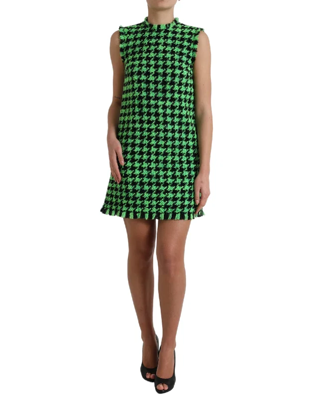 Elegant Houndstooth Knitted Mini Dress Stylish Short Sleeve Mini Dress