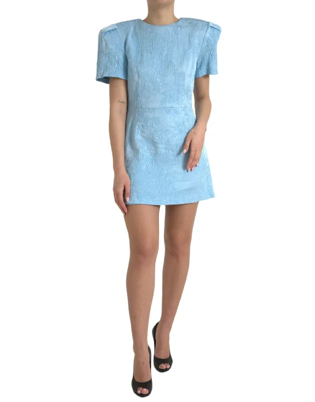 Elegant Sky-Blue Floral Jacquard Mini Dress Cozy Ribbed Mini Dress