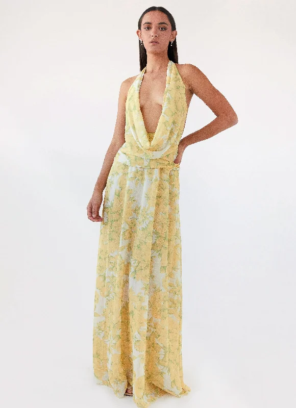 Elysia Chiffon Maxi Dress - Daffodil Stylish Maxi Dress with Pleats
