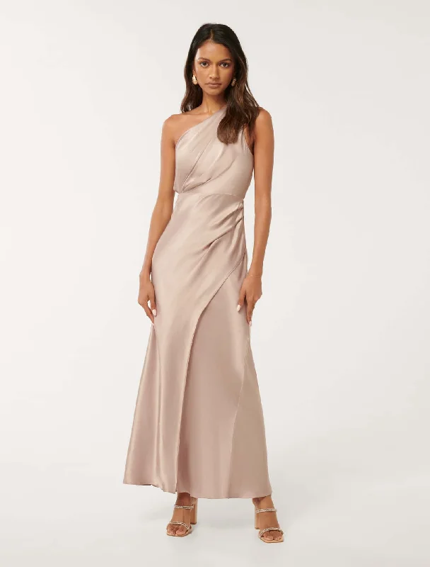 Emily Petite One Shoulder Maxi Dress Elegant Pleated Maxi Dress