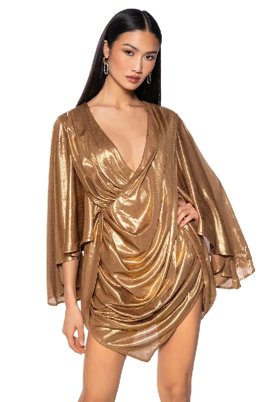 FANTASY DRAPED METALLIC MINI DRESS Elegant Floral-Print Mini Dress