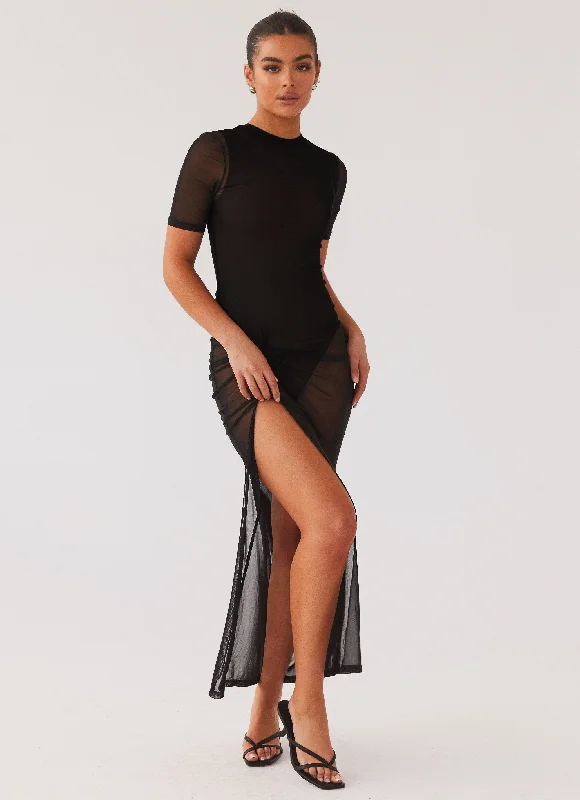 Fever Dreamer Mesh Maxi Dress - Black Comfortable Plunging Neckline Maxi Dress