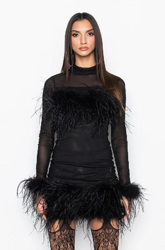 FLOAT AWAY REAL FEATHER MESH MINI DRESS BLACK Fashionable Mini Dress with Frills