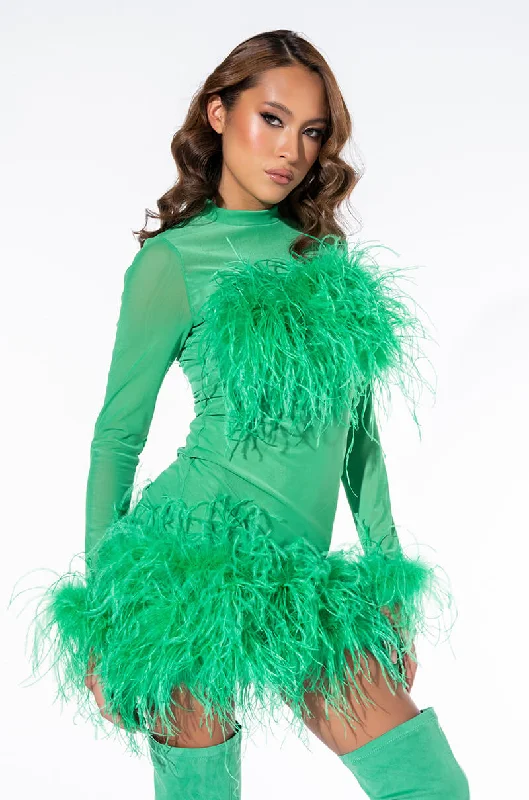 FLOAT AWAY REAL FEATHER MESH MINI DRESS GREEN Classic Shift Mini Dress