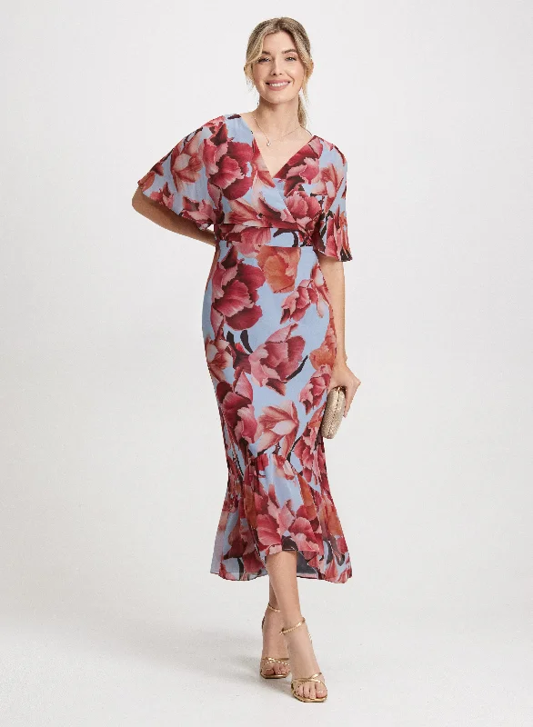 Floral Chiffon Maxi Dress Comfortable Pleated Maxi Dress