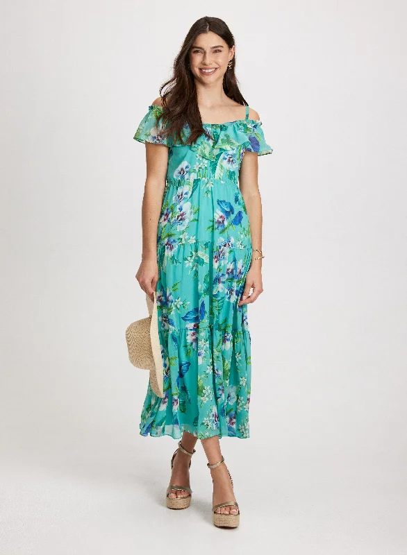 Floral Chiffon Maxi Dress Elegant Lace-Up Maxi Dress