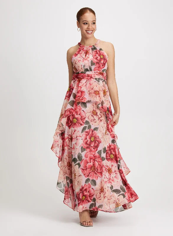 Floral Ruched Waist Maxi Dress Elegant Boho Maxi Dress